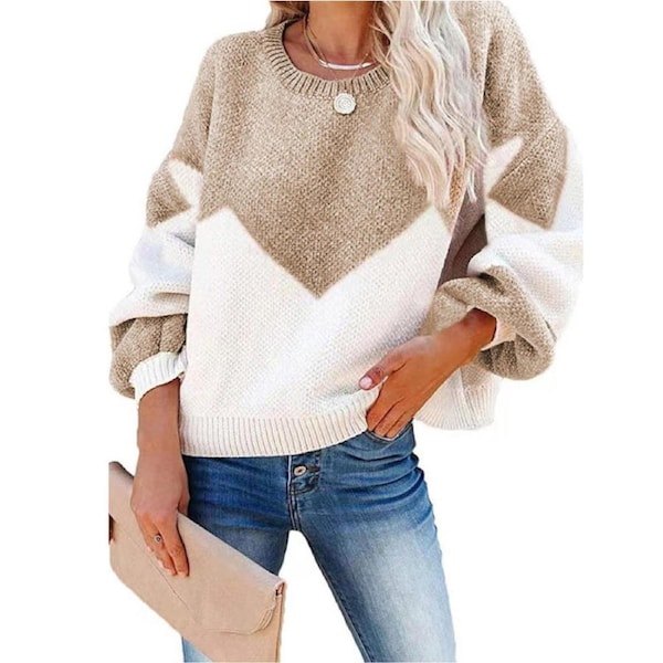 Nevenka Womens Color Block Loose Knit Pullover Sweater Lantern Sleeve-Khaki L
