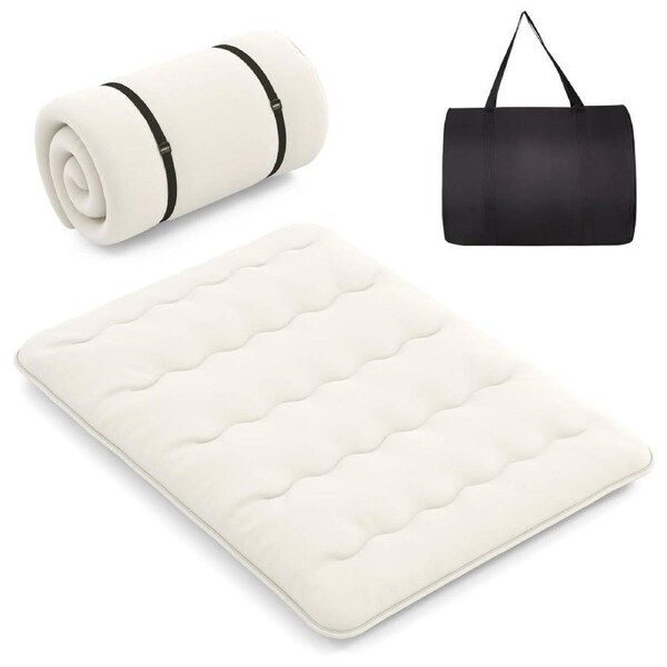 Costway Foldable Mattress Portable Roll Up Mat Japanese Queen Size Floor Mattress w/Carry Bag Beige