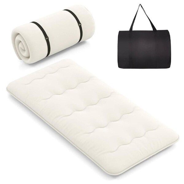 Costway Single Size Foldable Mattress Portable Roll Up Mat Japanese Floor Mattress w/Carry Bag Beige