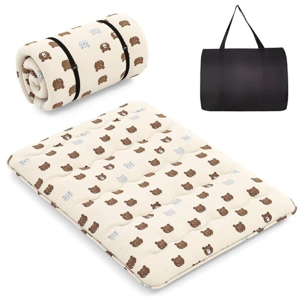 Costway Foldable Mattress Portable Roll Up Mat Japanese Queen Size Floor Mattress w/Carry Bag Brown Bear