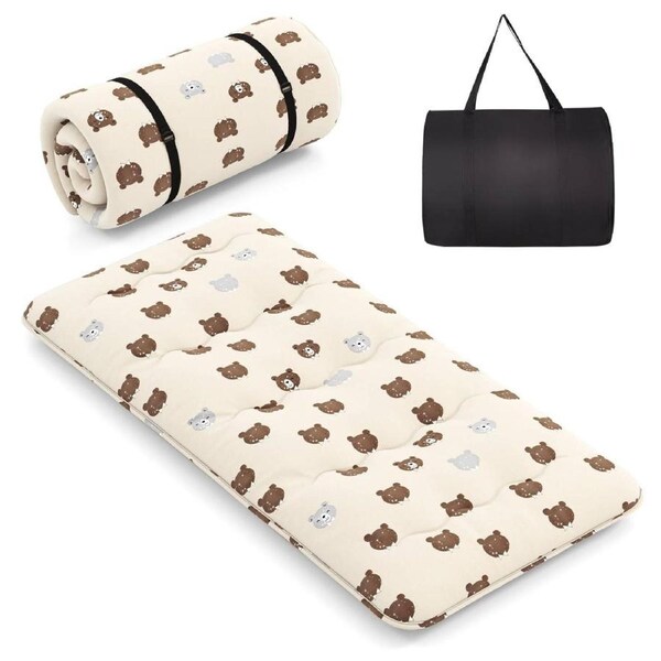 Costway Single Size Foldable Mattress Portable Roll Up Mat Japanese Floor Mattress w/Carry Bag Brown Bear
