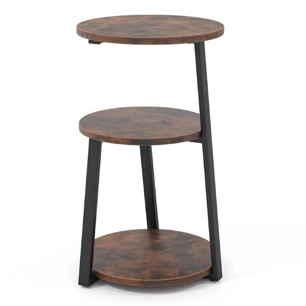 Costway Wooden Side End Table 3-Tier Round Side Table Living Room & Bedroom Rustic Brown
