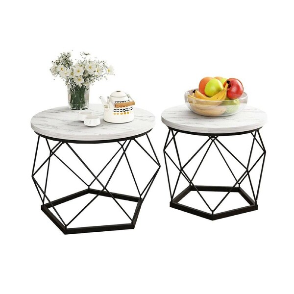 2 Round Coffee Table Set Sofa Bed Side End Nightstand Tea Cafe Cocktail Lounge Lamp Modern Black Metal Faux Marble Top