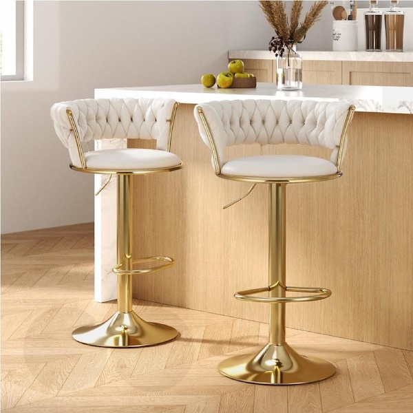 2x Artiss Bar Stools Gas Lift Velvet Woven Backrest Ivory