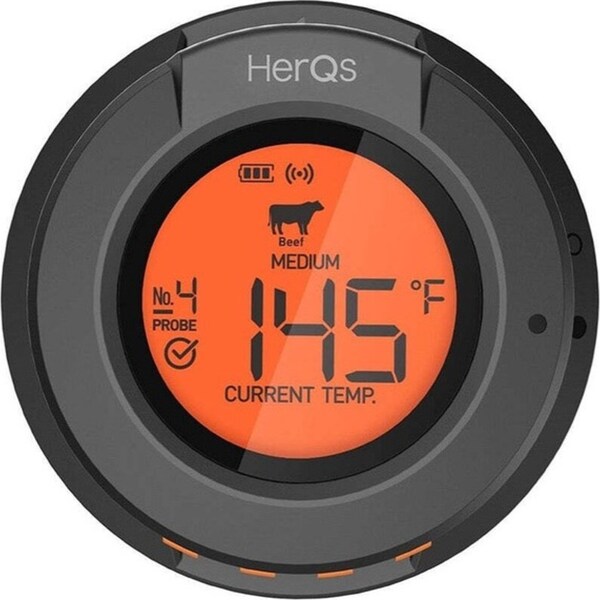 HerQs Bluetooth Smart Digital Dome BBQ Thermometer w/ Probes Black