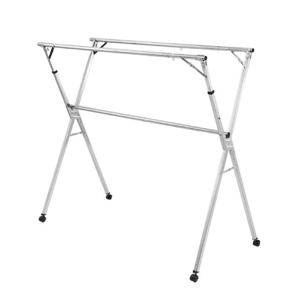 Clothes Rack Airer Garment Drying Stand Stainless Steel Folding Adjustable Outdoor Laundry Rail on Wheels with 20 Hooks