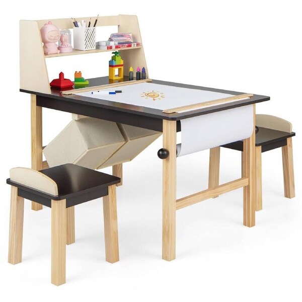Costway Art Easels Drawing Table & Chair Set w/Paper Roll Storage Bins Coffee