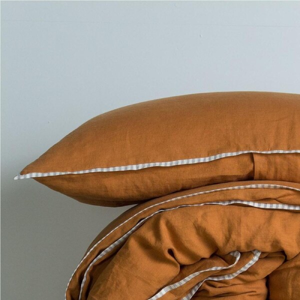 M Home French Linen Cinnamon with Candy Grey Stripe Trim Standard Pillowcase Pair