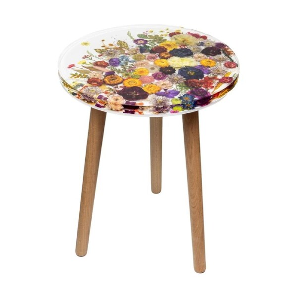 Leni Handcrafted Round Resin Side Table Flower Garden White 40x40x51.5cm
