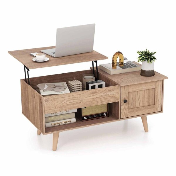 Costway Lift-Top Coffe Table Wooden Coffee Table Hidden Storage Cabinet Natural