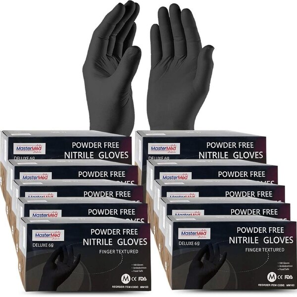 10 X 100pcs Mastermed Medium Black Nitrile Gloves 6g / Powder Free / Heavy Duty