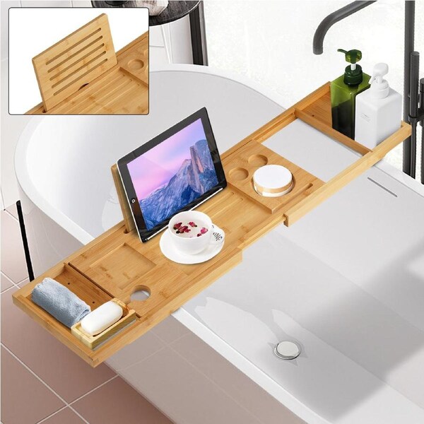 ACA 75-100cm Expandable Bamboo Bath Caddy Wine Glass Holder Tray Over Bathtub Rack Support