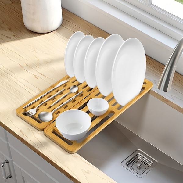 44x26cm Bamboo Foldable Multi-Use Over The Sink Dish Drying Rack & Trivet