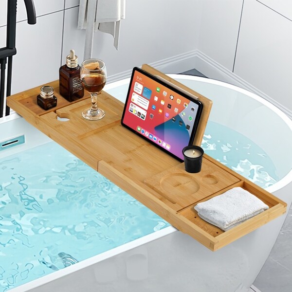 Freestanding 75-100cm Expandable Bamboo Bath Caddy Wine Glass Holder Tray Bathtub Rack