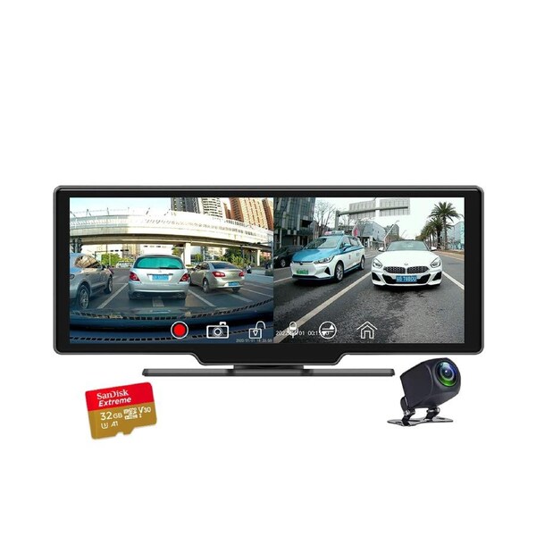 Elinz 10.26" Dash Cam Carplay & Android Real 4K + 1080P Dual Camera WiFi ADAS 32GB U3 Card