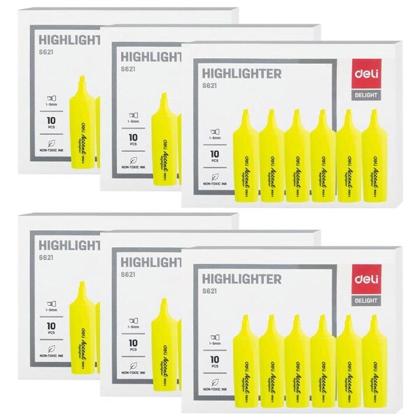 6x 10PK Deli Highlighter Chisel Point School/Office Stationery Marker Yellow