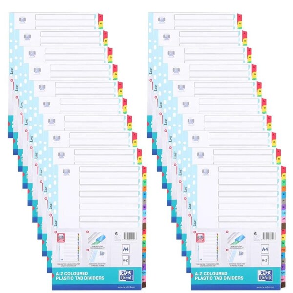 20x Oxford A4 A-Z Coloured Reinforced Plastic Tab Dividers File/Paper Organiser