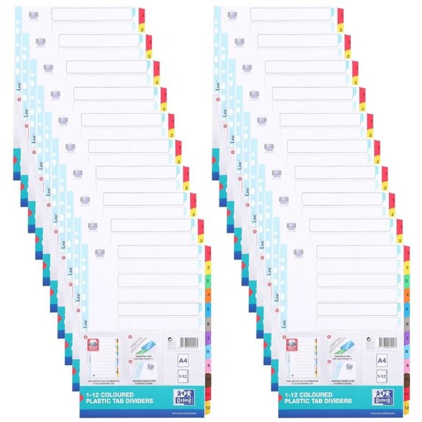 20x Oxford A4 1-12 Plastic Reinforced Coloured Tab Dividers File Organiser