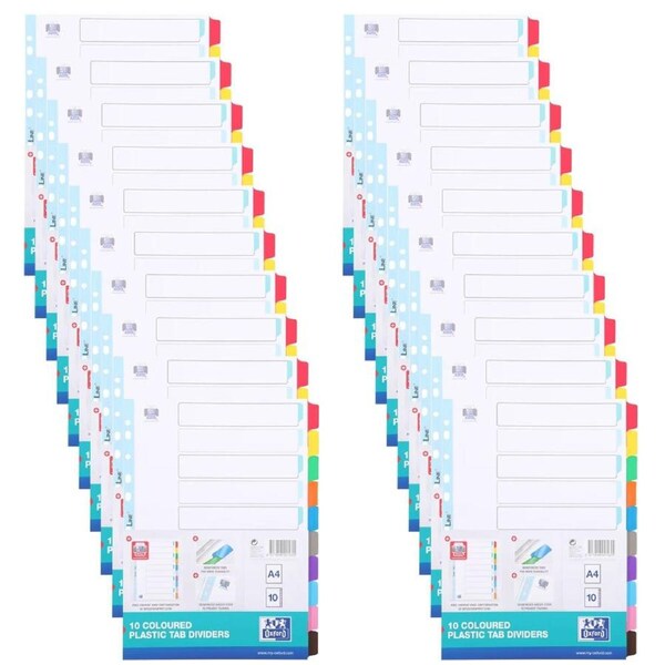 20x Oxford A4 10 Coloured Reinforced Plastic Tab Dividers File/Paper Organiser