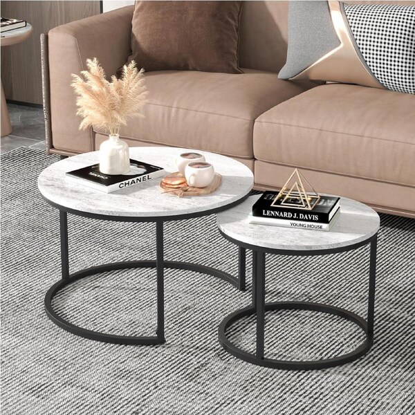 Advwin Set of 2 Nesting Coffee Table Marble Pattern Round Side End Table Light Grey