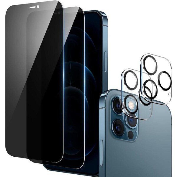 [2+2 Pack] 2 PCS Front Privacy Screen Protector for iPhone 12 Pro (6.1 inch) with 2 PCS Camera Lens Protector - 2 Pack Each
