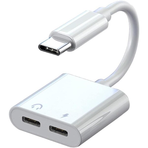 USB C to Dual USB C Audio Headphone and Charging Fast Charging 60W/100W Adapter for iPhone 15 Series, Samsung Xiaomi Huawei - White