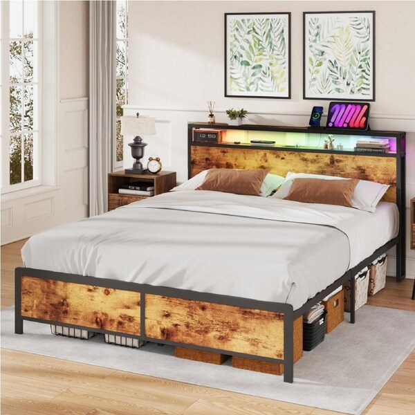 Advwin Bed Frame Double Size LED Metal Bed Base with Charging Station and USB Ports Storage Wooden Headboard