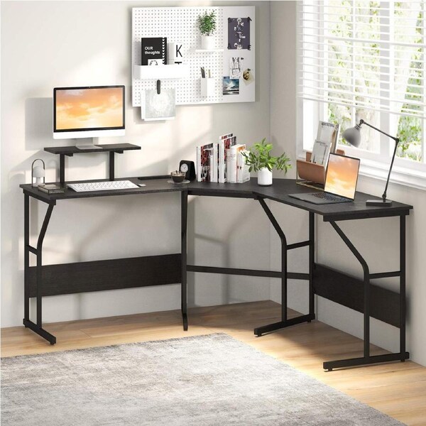 Giantex 225cm L-shaped Computer Desk Corner Writing Table w/Movable Monitor Stand Home Office Workstation Black