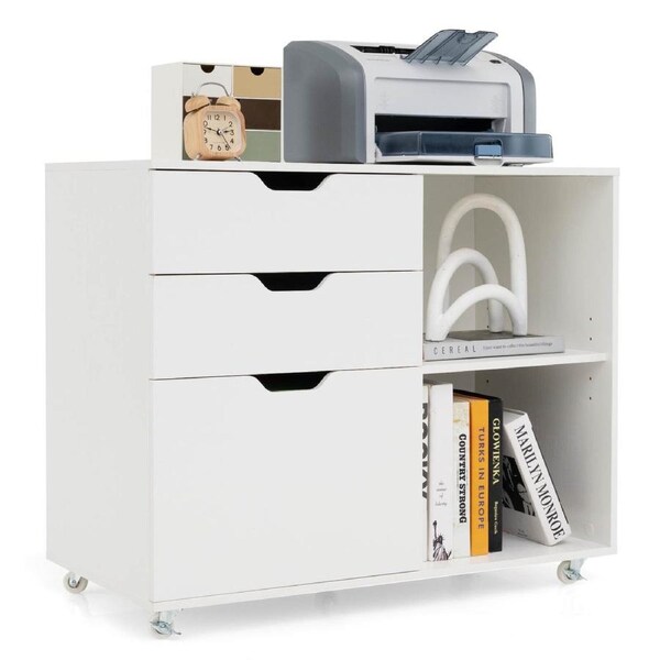 Giantex Mobile Filing Cabinet 3-Drawer Printer Stand Cabinet w/Adjustable Shelf Home Office Storage Organiser White