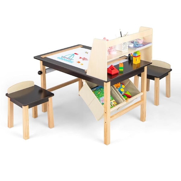 Giantex Kids Art Table & Chairs Set Toddler Play Activity Table Set w/Paper Roll & Storage Shelf Learning Furniture