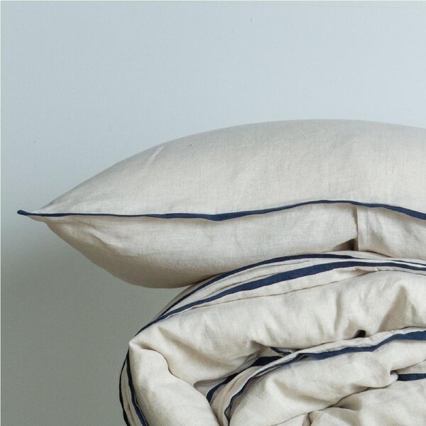 M Home French Linen Natural with Navy Trim Standard Pillowcase Pair