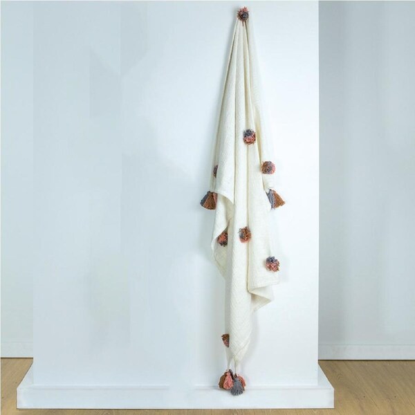 M Home Fernie 100% Cotton Pom Pom Throw Ivory