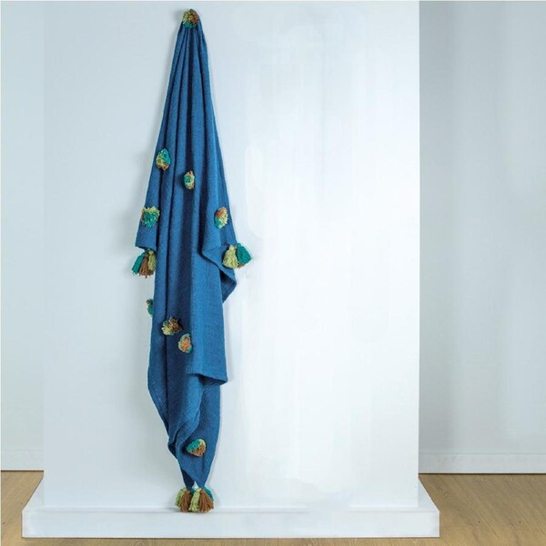 M Home Fernie 100% Cotton Pom Pom Throw Teal