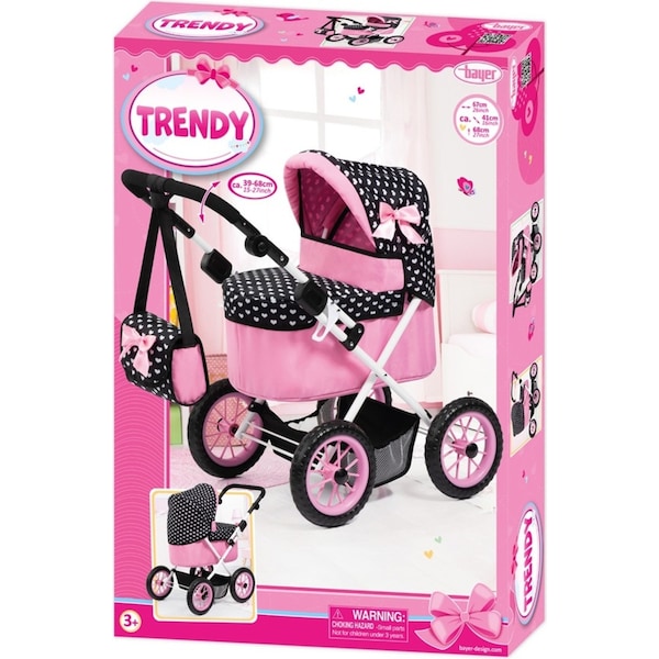 Bayer 68cm Trendy Folding Doll Pram Kids/Children Toy w/ Bag Black/Pink 3y+