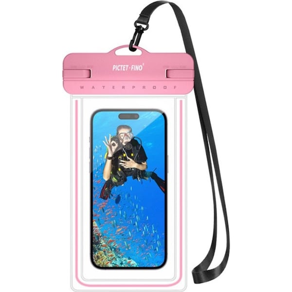 Catzon Waterproof Mobile Phone Bag IPX8 Phone Case with Lanyard Dry Bag for Up to 8.2 Inch-Pink
