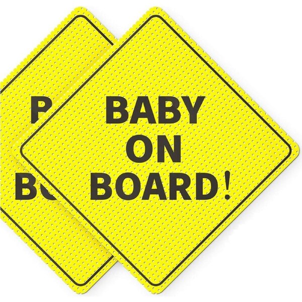 Baby On Board Sticker Sign - 2 Pack, 5" by 5" - Essential for Cars - Bright Yellow and SEE-THROUGH when Reversing - Best Safety Signs - Non-Magnetic Sticker - Durable and Strong Adhesive