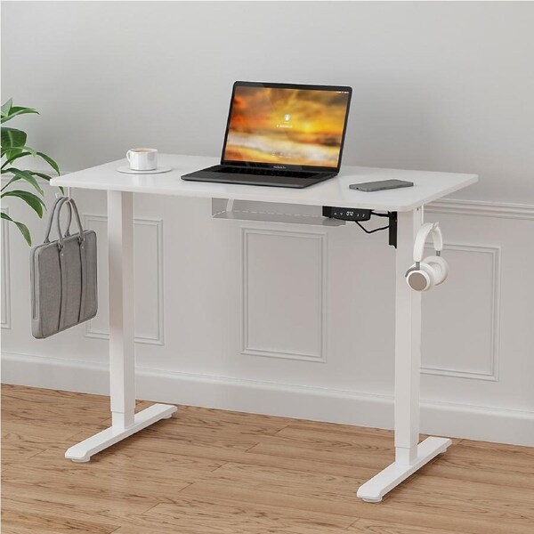 Advwin Electric Standing Desk Height Adjustable Ergonomic Sit Stand Desks 100 x 55 cm Whole Piece Desktop White Frame + White Desktop