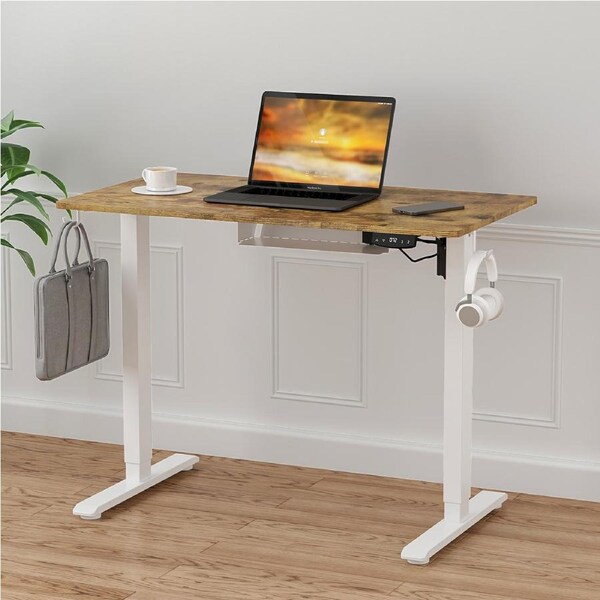Advwin Electric Standing Desk Height Adjustable Ergonomic Sit Stand Desks 100 x 55 cm Whole Piece Desktop White Frame+Walnut Desktop