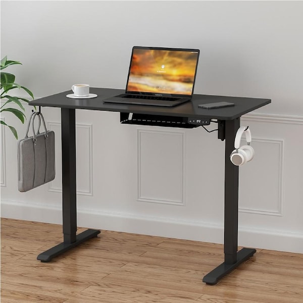 Advwin Electric Standing Desk Height Adjustable Ergonomic Sit Stand Desks 100 x 55 cm Whole Piece Desktop Black Frame+ Black Desktop