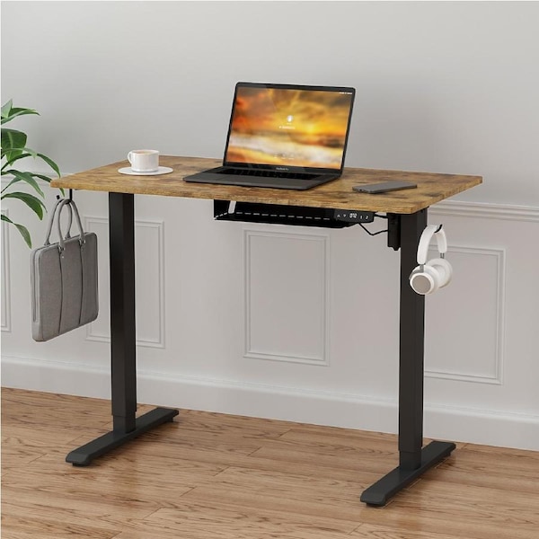 Advwin Electric Standing Desk Height Adjustable Ergonomic Sit Stand Desks 100 x 55 cm Whole Piece Desktop Black Frame+ Walnut Desktop