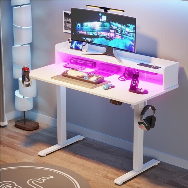 Advwin Electric Standing Desk LED RGB Lights & Power Outlets Height Adjustable Computer Desk with Monitor Stand White Desktop+White Frame