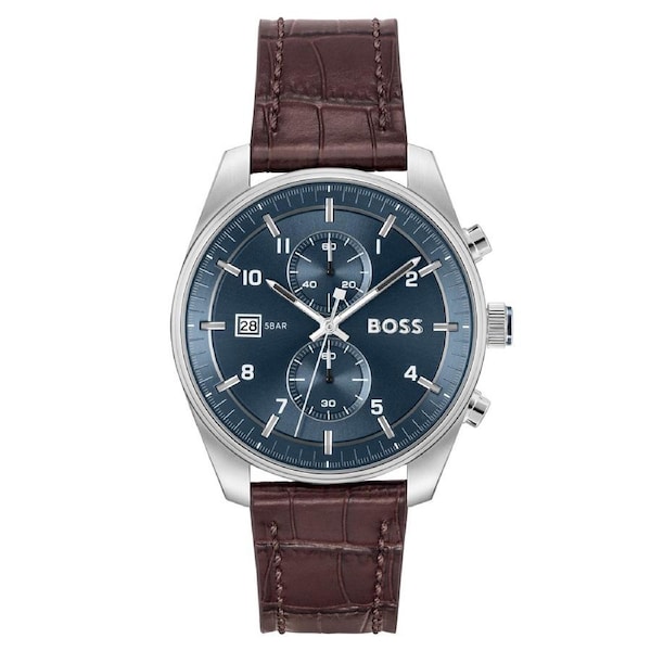BOSS by Hugo Boss Brown Leather Blue Dial Chronograph Men's Watch - 1514194