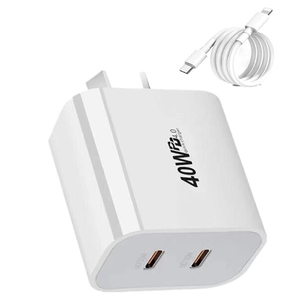 40W Dual USB C Charger PD Power Adapter + 2m Type C to Lightning Fast Cable Charger AU Plug Compatible with iPhone Lightning Charger Port