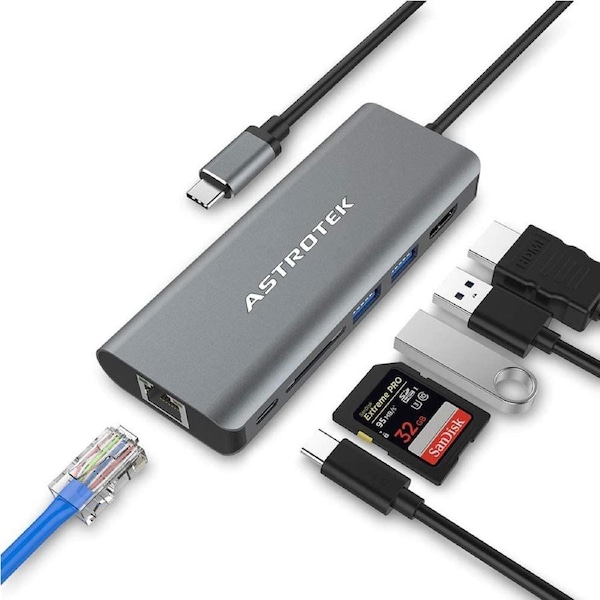 Astrotek USB-C Dock 6-in-1 Multiport Hub/Docking Station with 60W Power 1xHDMI 4K GLAN 2xUSB3.0 Card Reader for HP Lenovo Asus MacBook Chromebook
