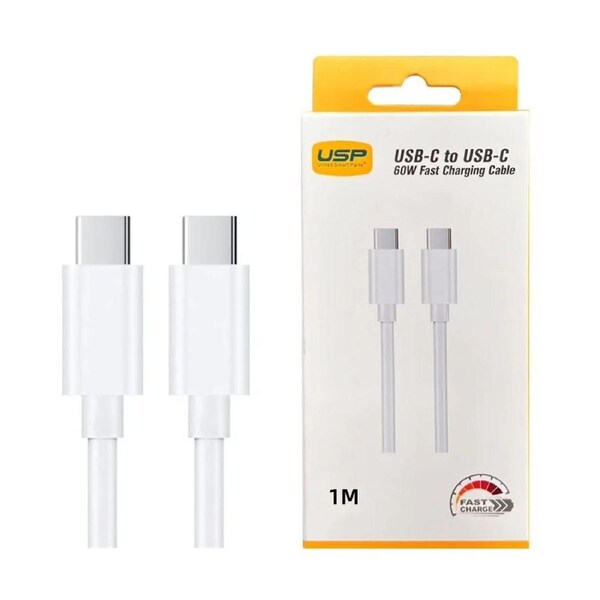 USP USB-C to USB-C 60W Mini Cable (1M) White - 3A , High Performance, Durable, 8K Bend, Samsung Galaxy,Apple iPhone,iPad,MacBook,Google,OPPO