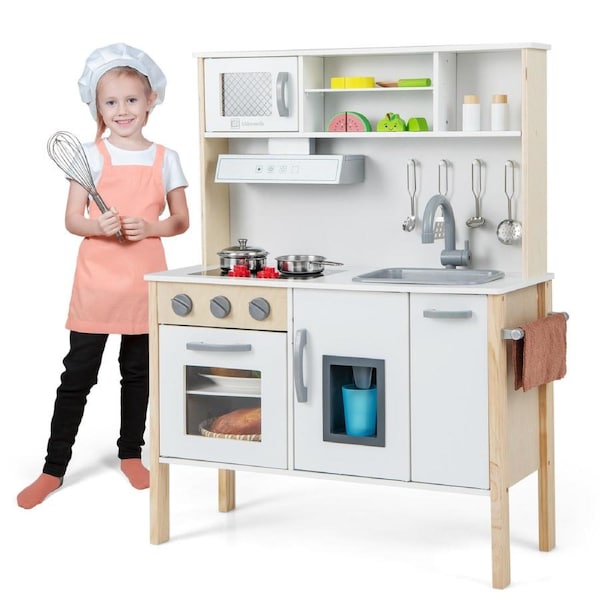 Babyjoy Wooden Kids Play Kitchen Pretend Cooking Playset Toy Kitchen Set w/Full Accessories Preschool Gift