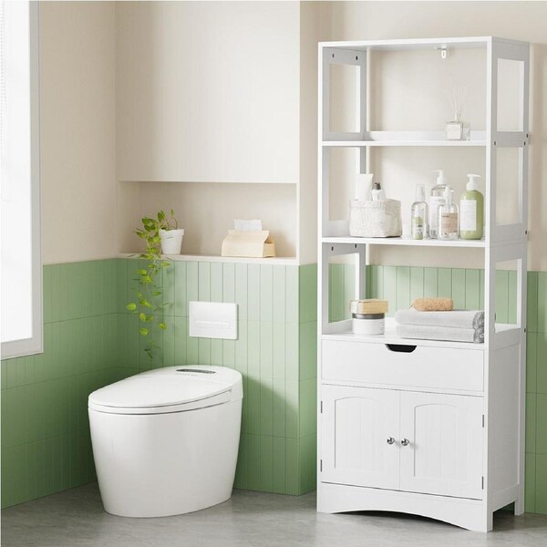 154cm Artiss Bathroom Floor Storage Cabinet with 2 Drawers 3 Open Shelves 2 Doors White