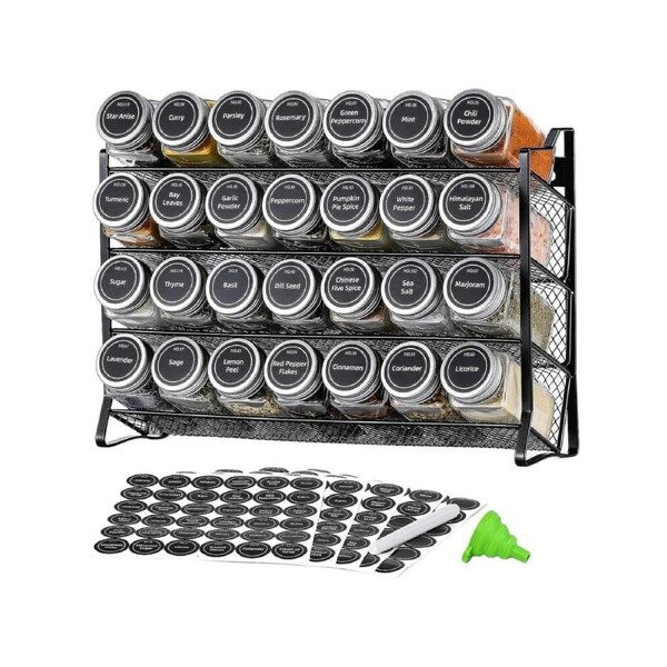 4 Tier Metal Spice Rack + 28 Glass Jars - Kitchen Pantry Herb Storage Organiser