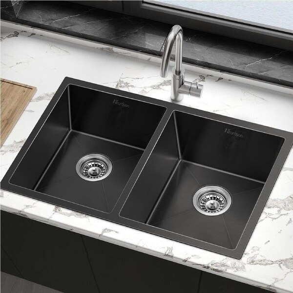 ALFORDSON Kitchen Sink 77x45cm Stainless Steel Basin Double Bowl Black