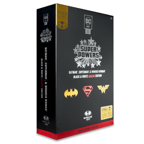 DC Direct Gold Label Super Powers Batman Superman and Wonder Woman Black and White Accent Edition Action Figure 3 Pack